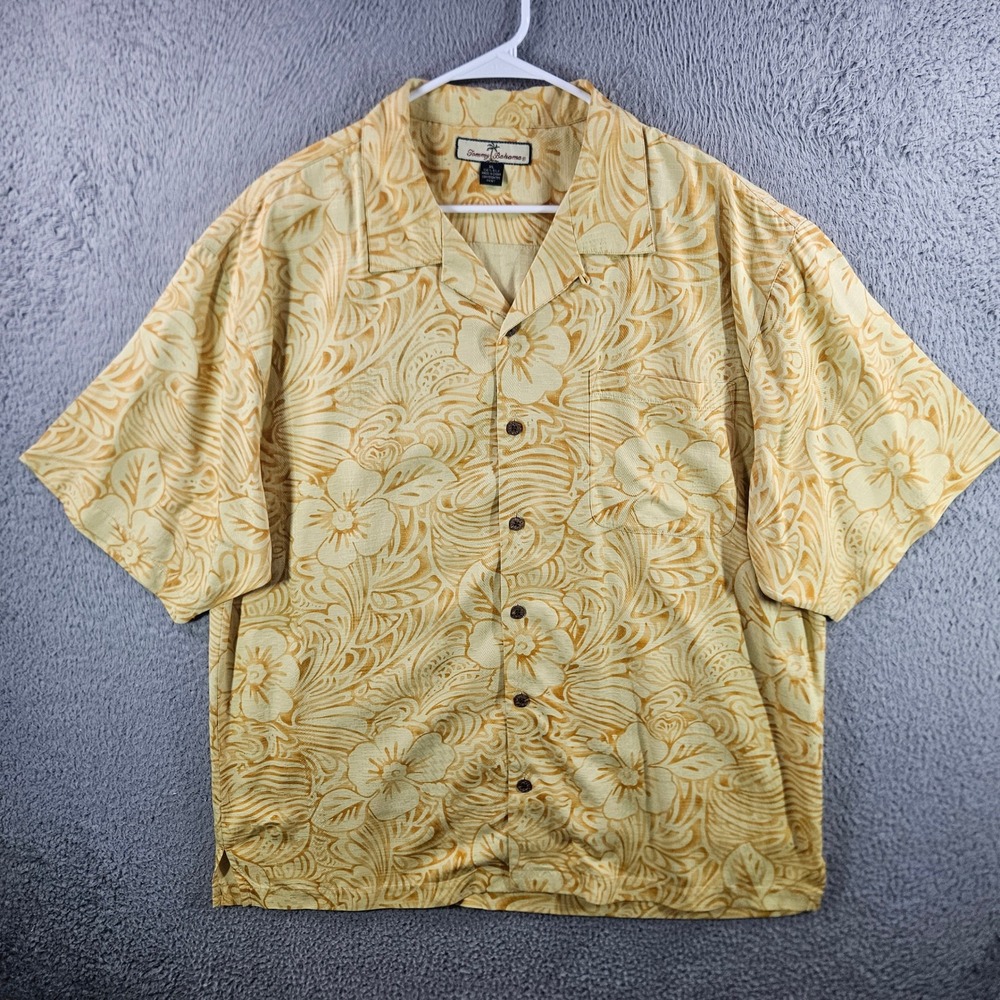 Tommy Bahama Mens XL Silk Floral Camp Shirt Yellow Short Sleeve Button‎ Up Aloha